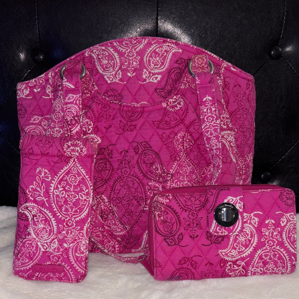 Vera Bradley Quilted Paisley Tote and Wristlet - Hot Pink